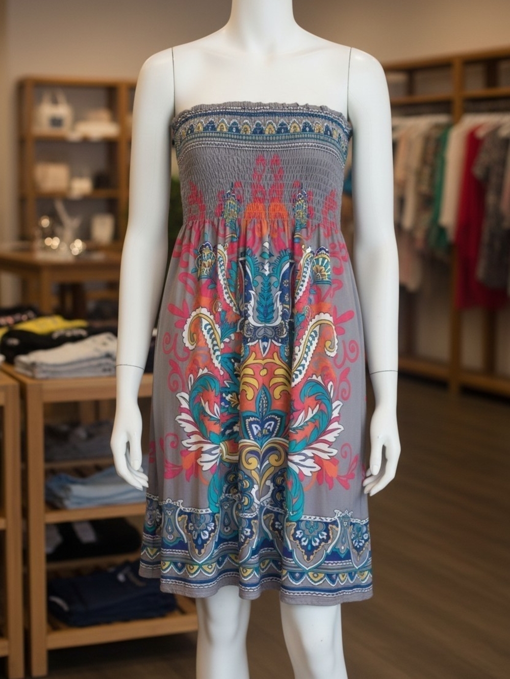 Flying Tomato Gray Strapless Boho Print Dress with Teal & Coral Accents